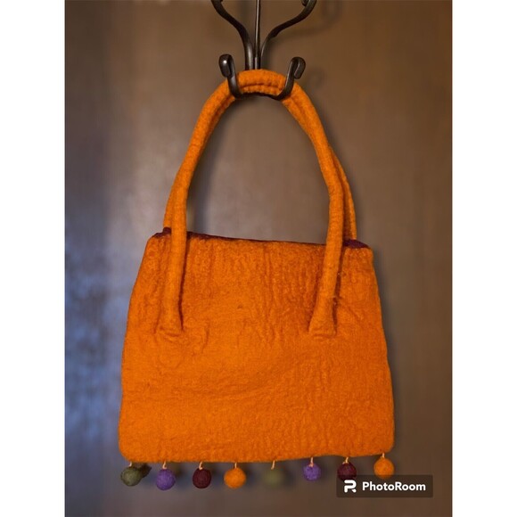 RISING TIDE Felted Wool Bag Pompoms Boho Hippie Handbag Burnt Orange Purple - Picture 4 of 8